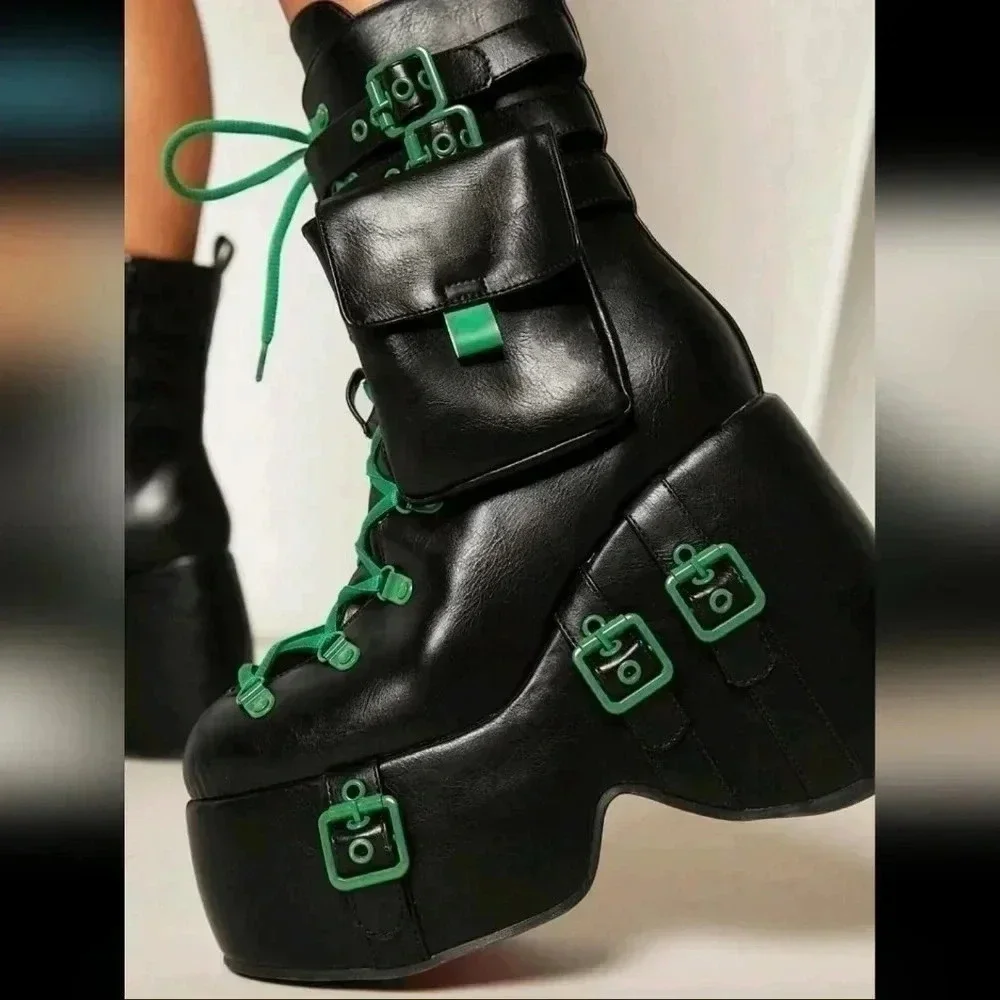 Platform buckle green black punk rock Gothic stiletto shoes boots zipper fashion
